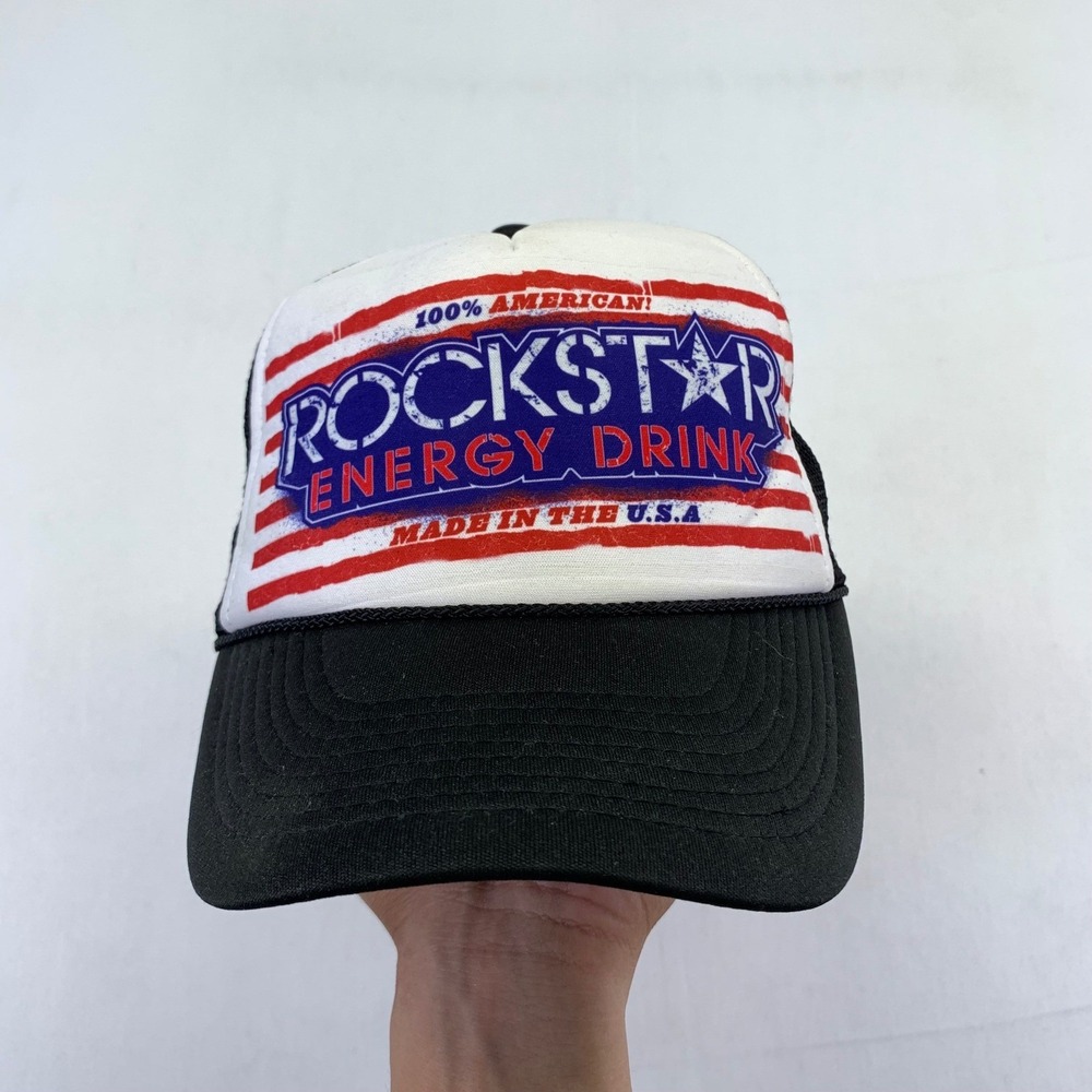 Vintage Rockstar Energy Drink‎ Trucker Hat Black White USA Made Cap